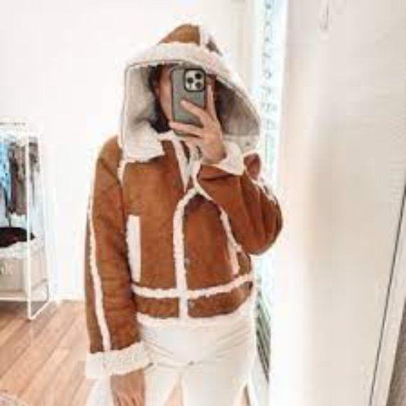 FREE PEOPLE VEGAN Leather Shearling SHERPA HOODED Jacket - Picture 9 of 13